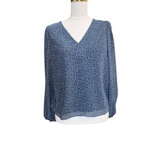 1.STATE Floral V Neck Blouse Blue Long Sleeve Balloon Sleeve Top Size S